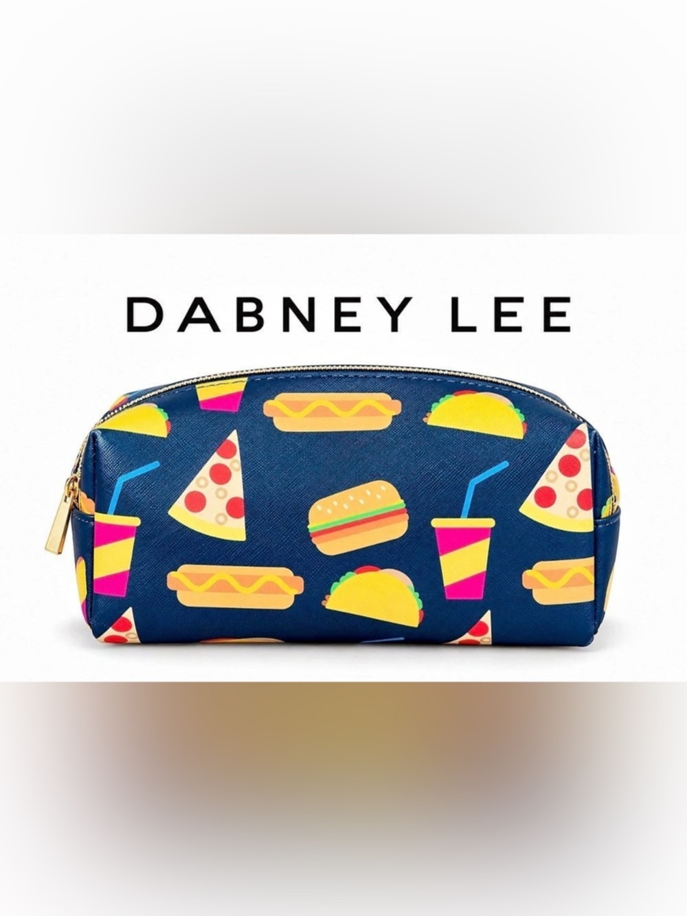 Dabney Lee Makeup Cosmetic Bag with Junk Food Pizza Taco Hot Dog Theme Navy